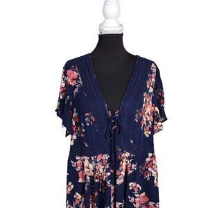 Torrid Navy Gauze Short Sleeve‎ Skater Dress with Lace Collar Detail and Pockets